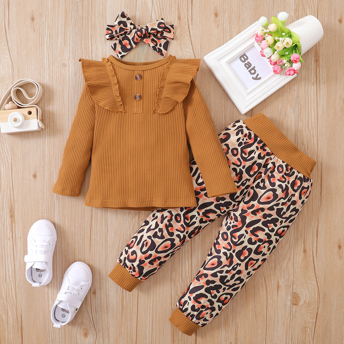 

3-piece Toddler Girl Ruffled Long-sleeve Ribbed Brown Top, Leopard Print Pants and Headband Set