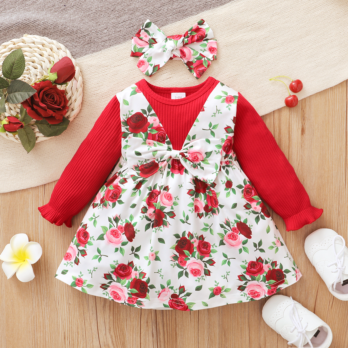 

2pcs Baby Girl Red Ribbed Long-sleeve Faux-two Floral Print Bowknot Dress Set