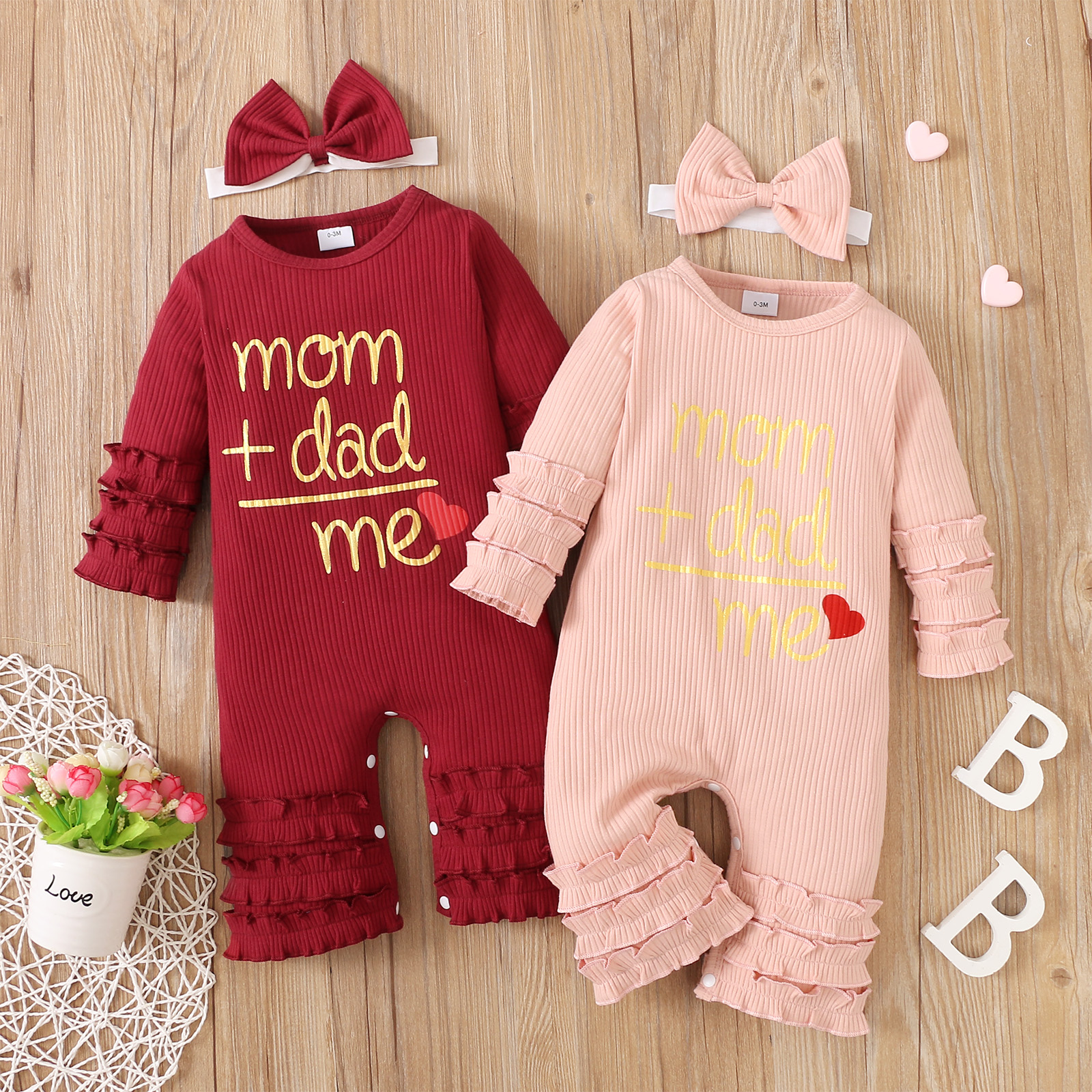 

2pcs Baby Girl Love Heart and Letter Print Layered Ruffle Ribbed Long-sleeve Jumpsuit with Headband Set