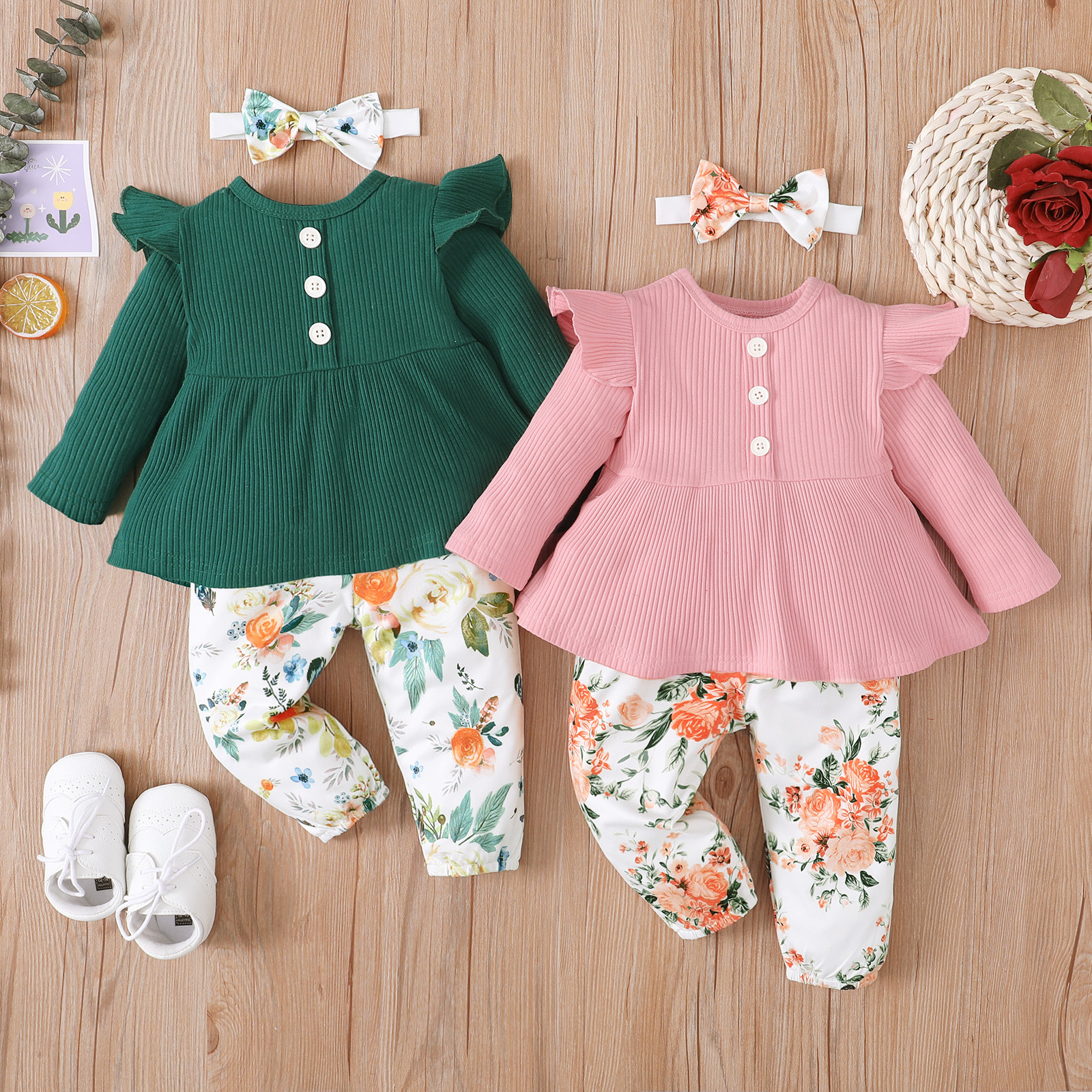 

3pcs Baby Girl Solid Ribbed Button Down Long-sleeve Top and Floral Print Trousers Set