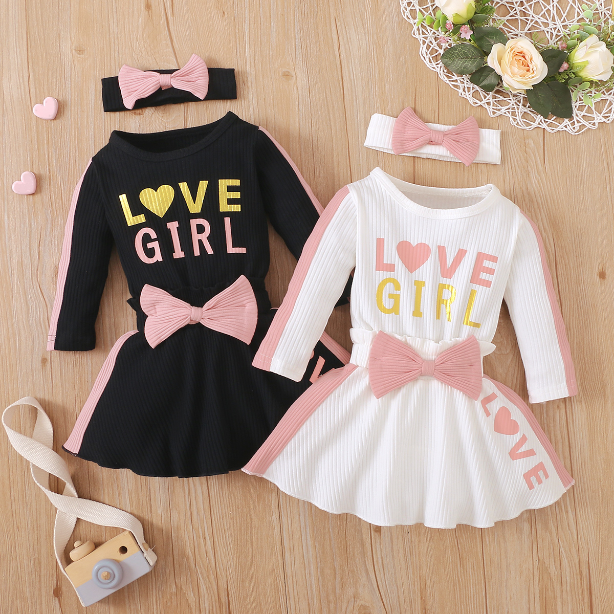 

3pcs Baby Girl Love Heart Letter Print Colorblock Ribbed Long-sleeve Romper with Bowknot Skirt and Headband Set