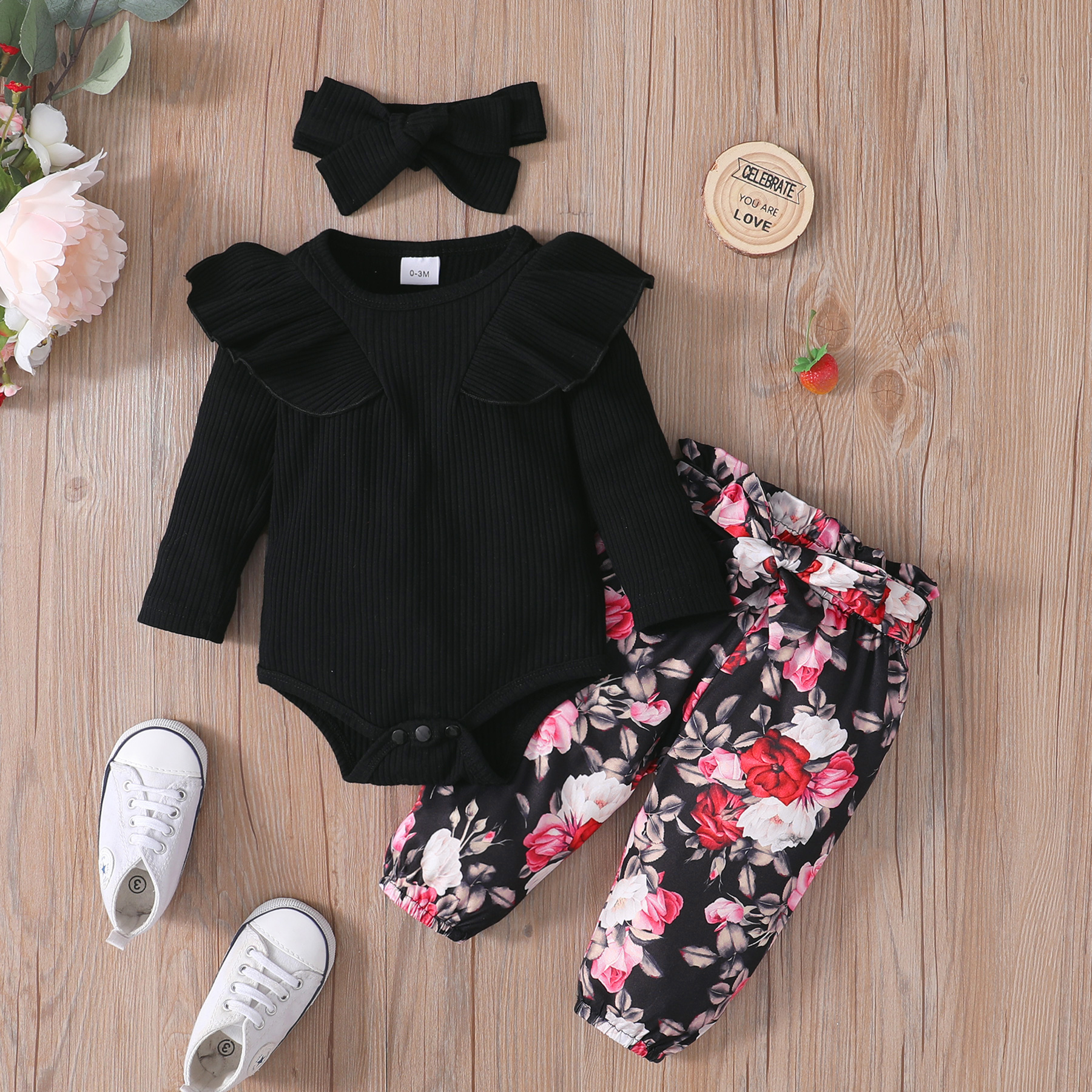

3pcs Baby Girl Black Ribbed Long-sleeve Ruffle Romper and Floral Print Trousers Set