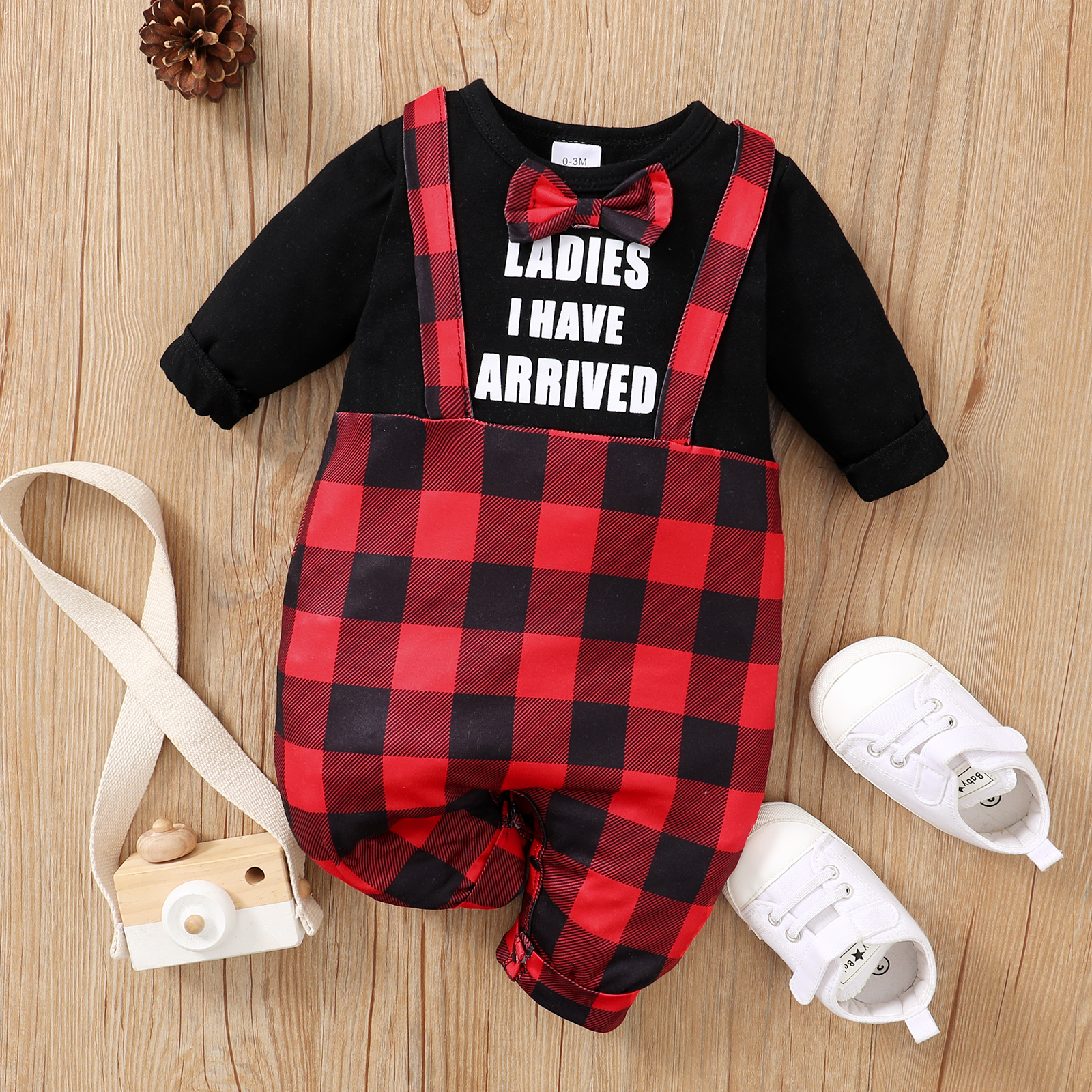 

Baby Boy Letter Print Long-sleeve Faux-two Red Plaid Bow Tie Gentleman Jumpsuit