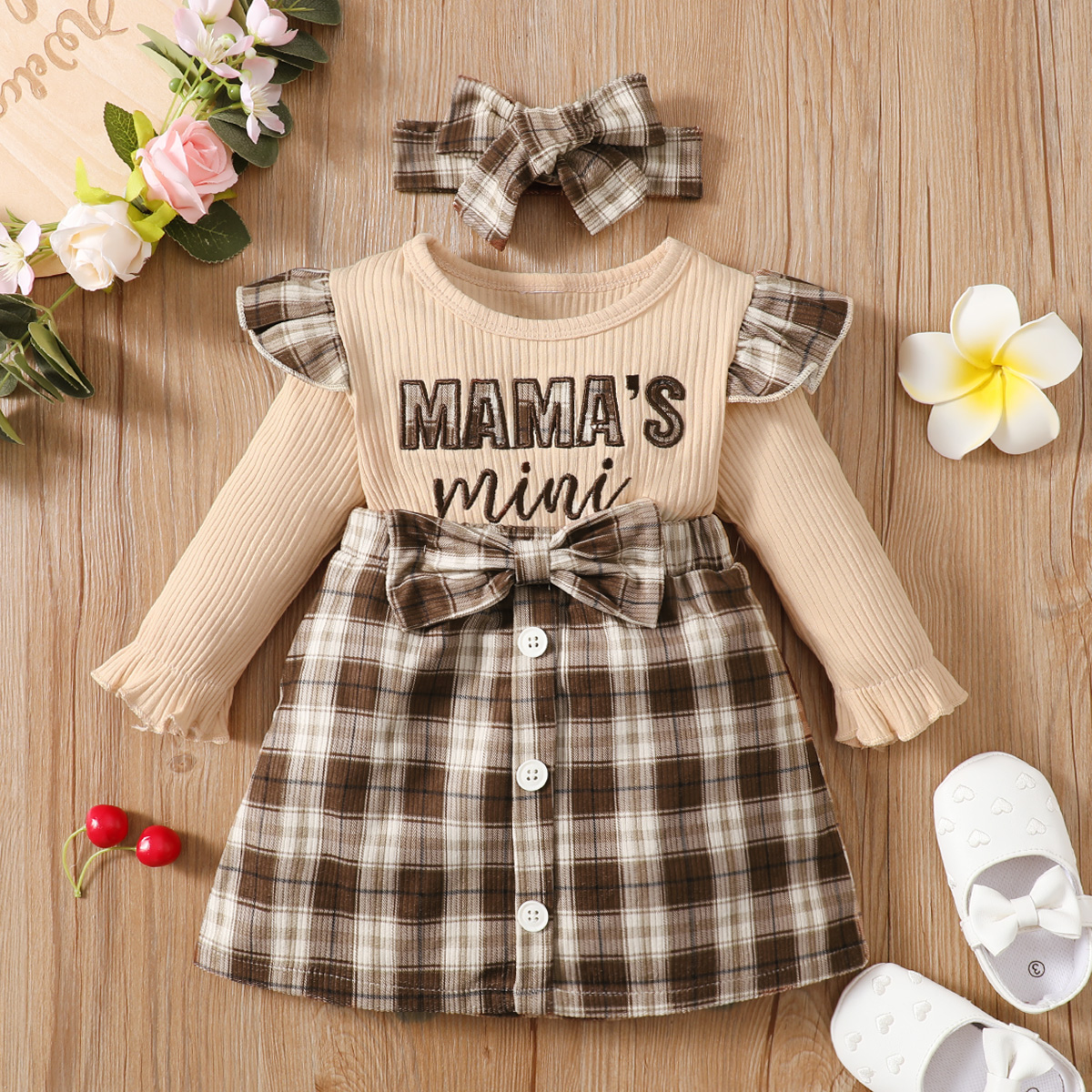 

2pcs Baby Girl Long-sleeve Letter Embroidered Rib Knit Spliced Plaid Bow Front Dress with Headband Set