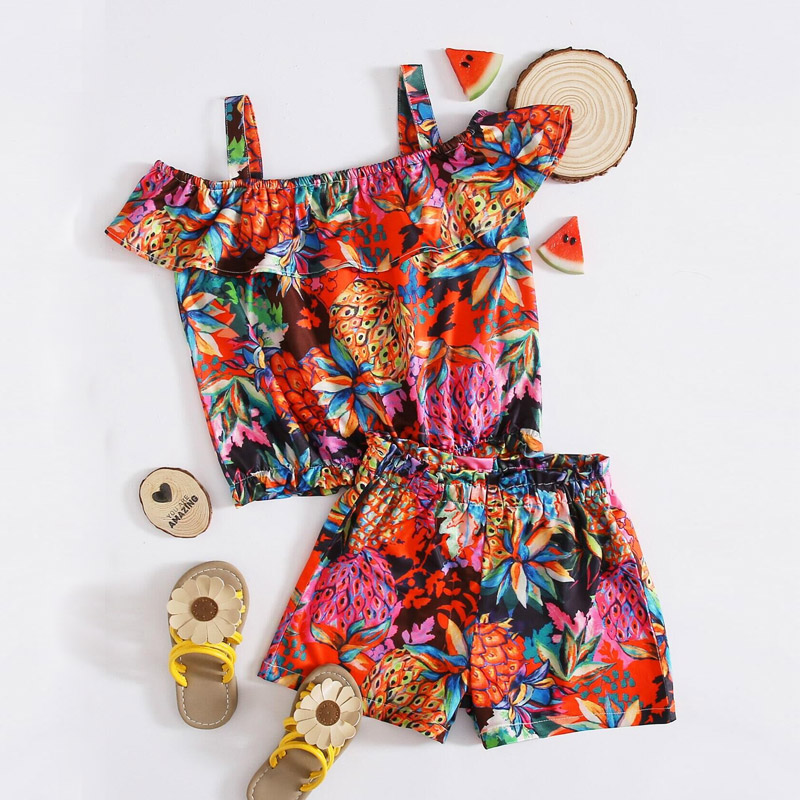 

2-piece Baby / Toddler Girl Flounced Collar Print Off Shoulder Top and Shorts Set