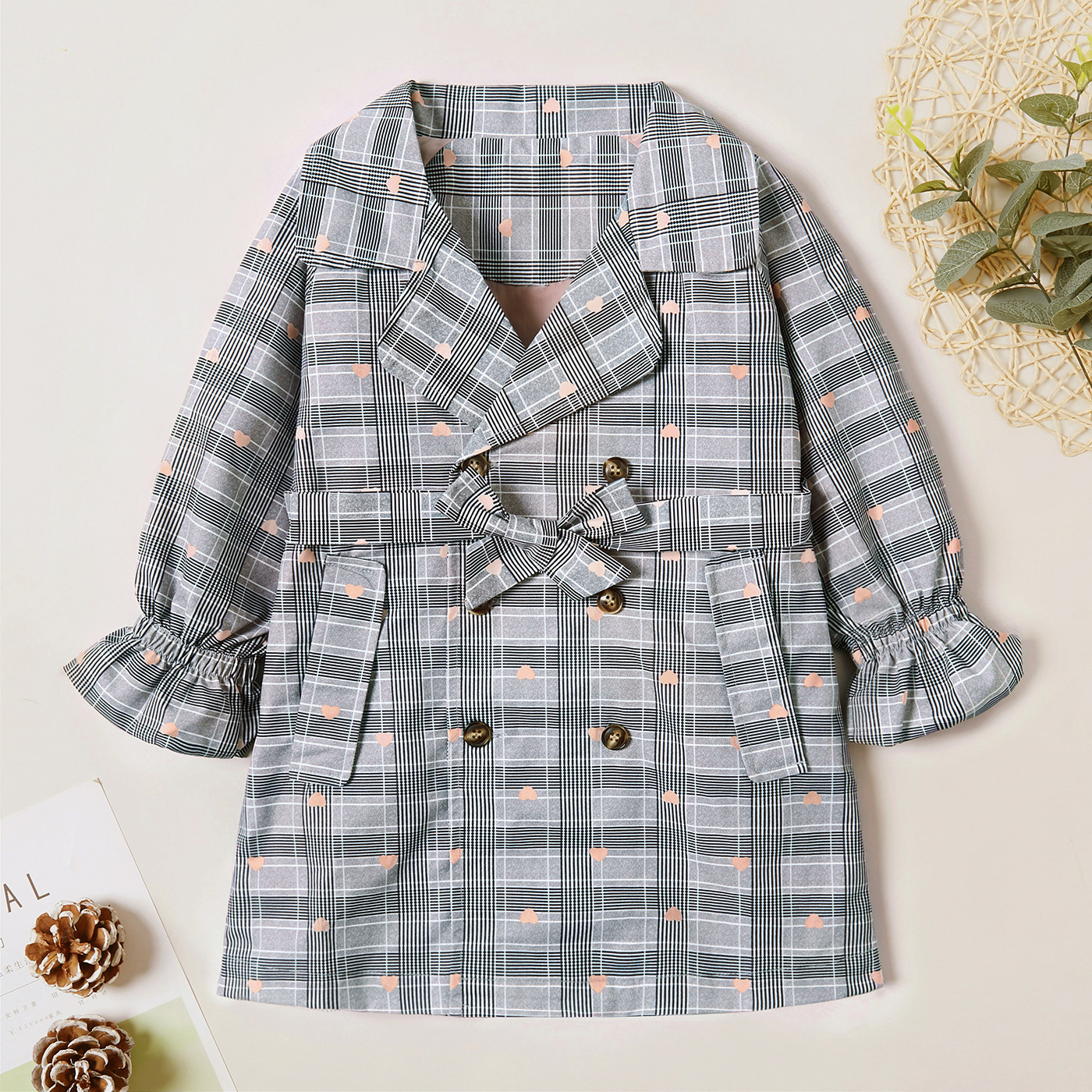 

Stylish Love Plaid Print Bowknot Ruffled Lapel Collar Coat