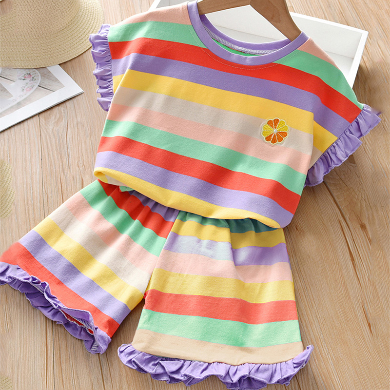 

2-piece Baby / Toddler Girl Colorful Rainbow Striped Flounced Top and Shorts Set