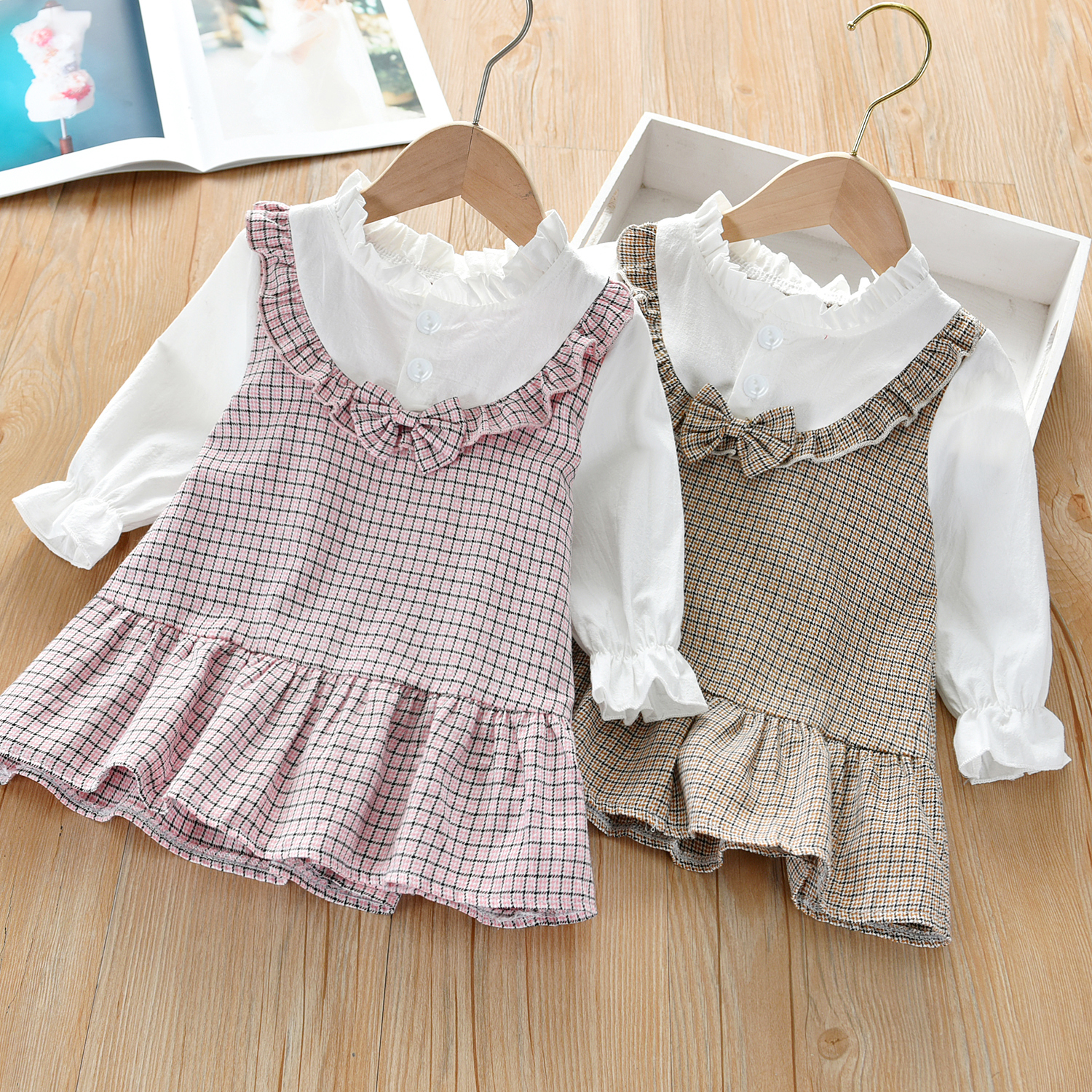 

Toddler Girl Ruffled Long-sleeve Plaid Fake Two Piece Dress