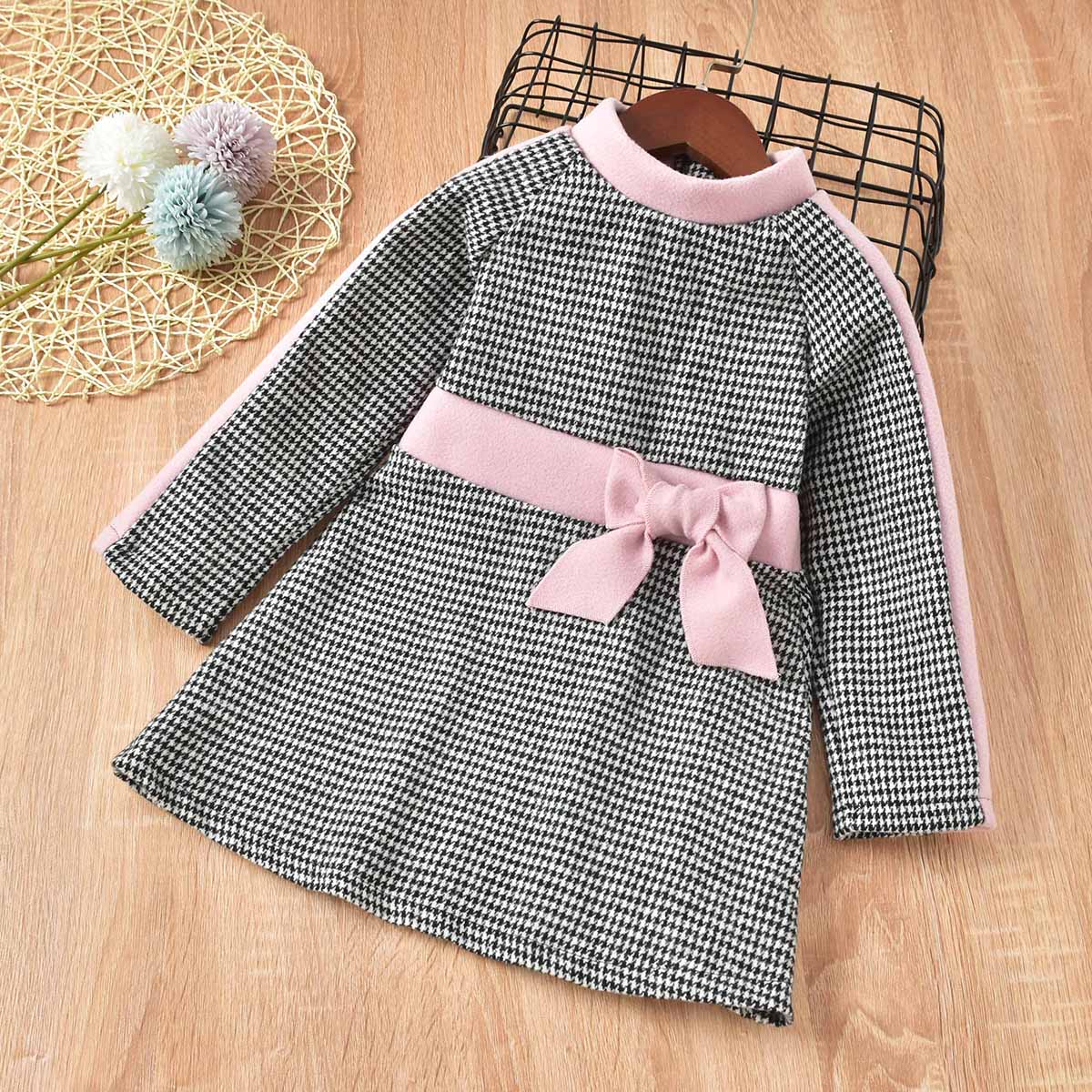 

Toddler Girl Bowknot Design Plaid Long-sleeve Dress