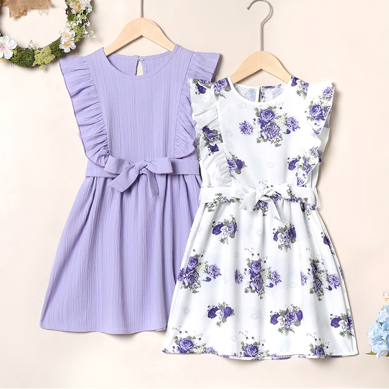 

Kid Girl Ruffled Floral Print/Purple Belted Sleeveless Dress
