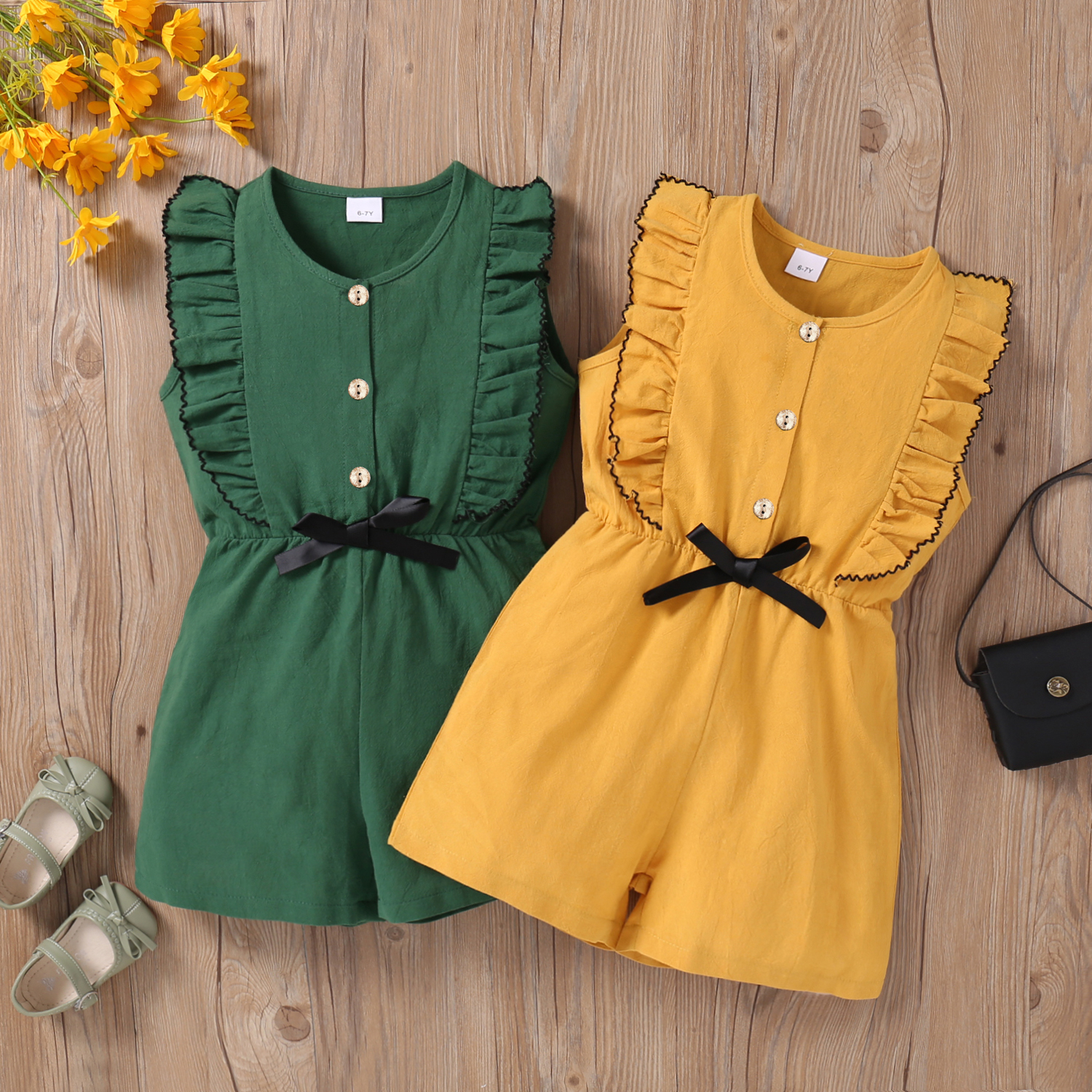 

Kid Girl V Neck Bowknot Button Design Solid Color Ruffled Sleeveless Rompers