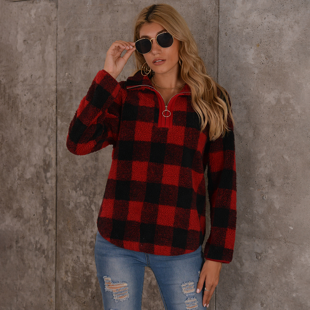 

Stand collar Plaid Red full print long sleeve Retro Pullovers