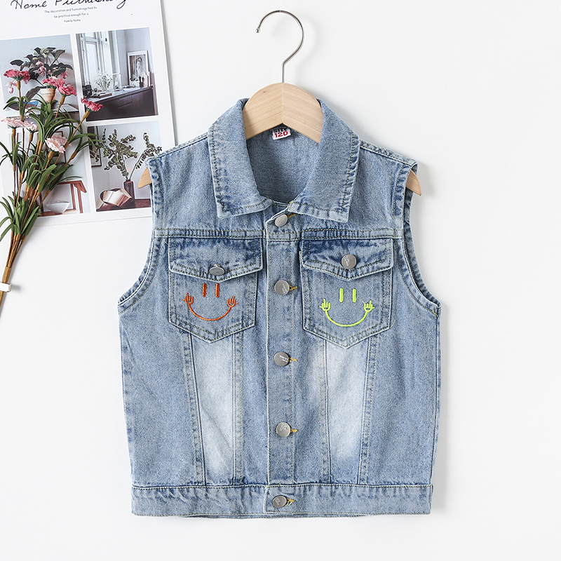 

Kid Boy Face Emojis Embroidery Lapel Collar Button Design Denim Vest Coat
