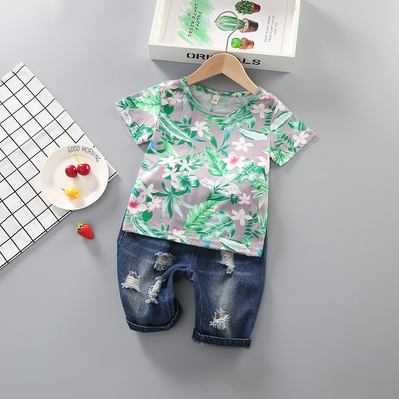 

2-piece Baby / Toddler Boy Stylish Floral Print Tee and Denim Shorts Set