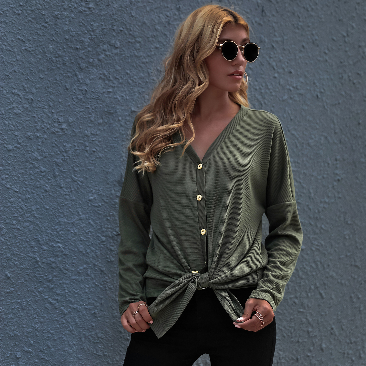 

V-neck Dark Green Plain long sleeve casual Shirt
