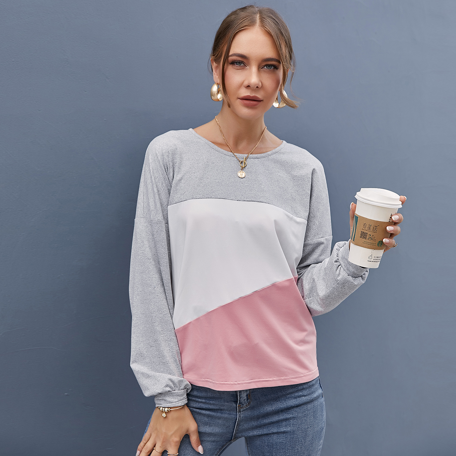 

Multi-color Block Round Neck Long-sleeve Baggy Casual Pullover