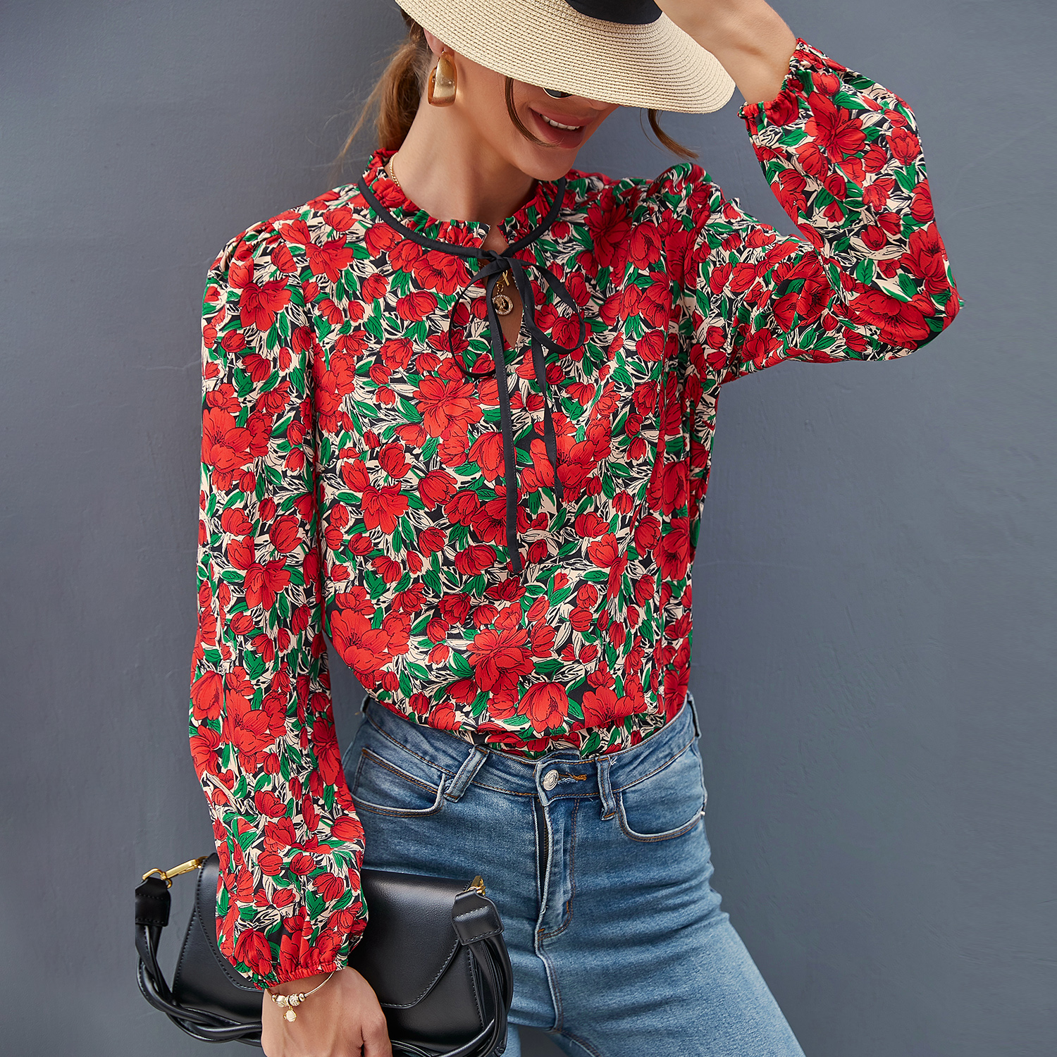 

Retro Print Tie Front Round Neck Long-sleeve T-shirt