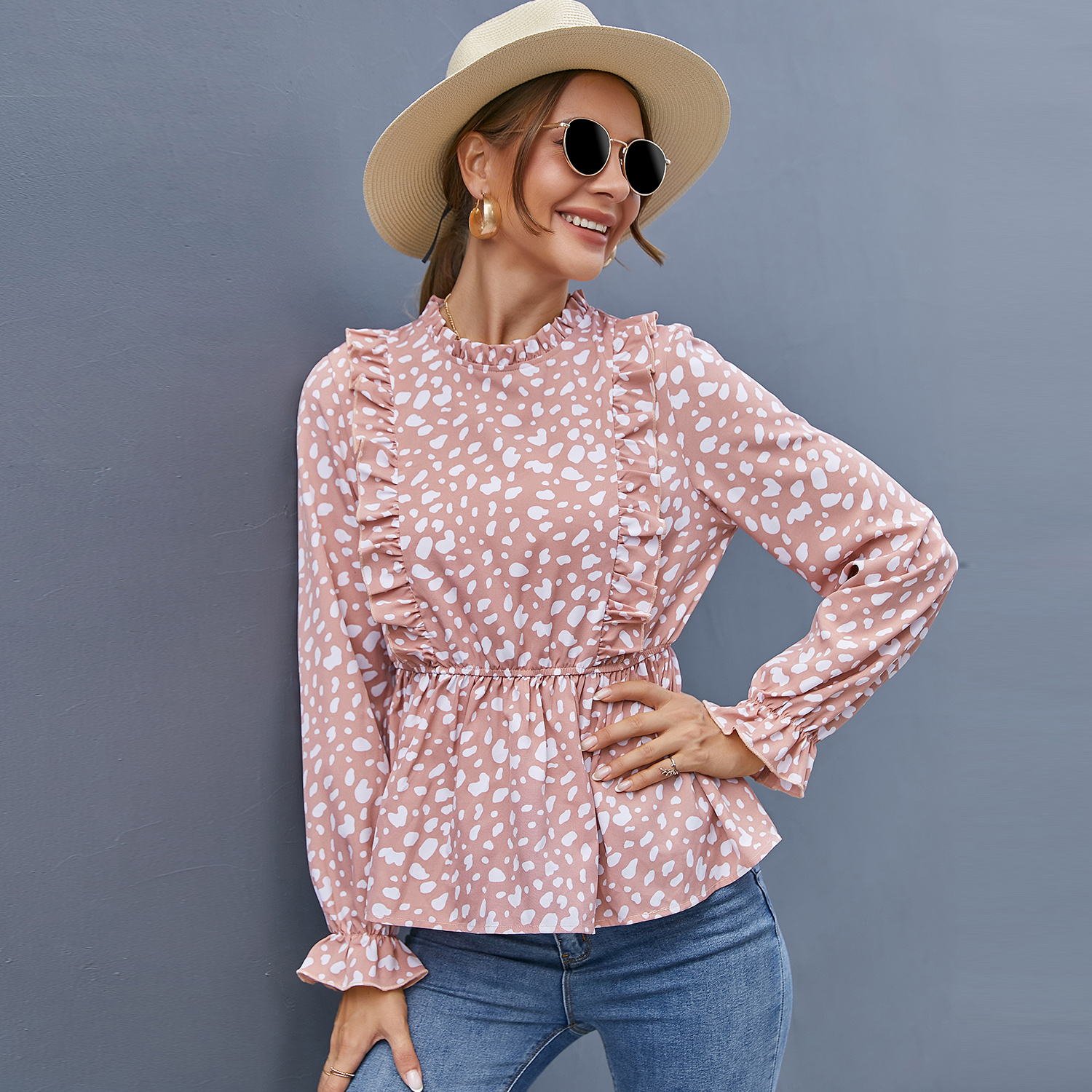 

Pink Polka Dots Print Wood Ear Trim Long-sleeve Top