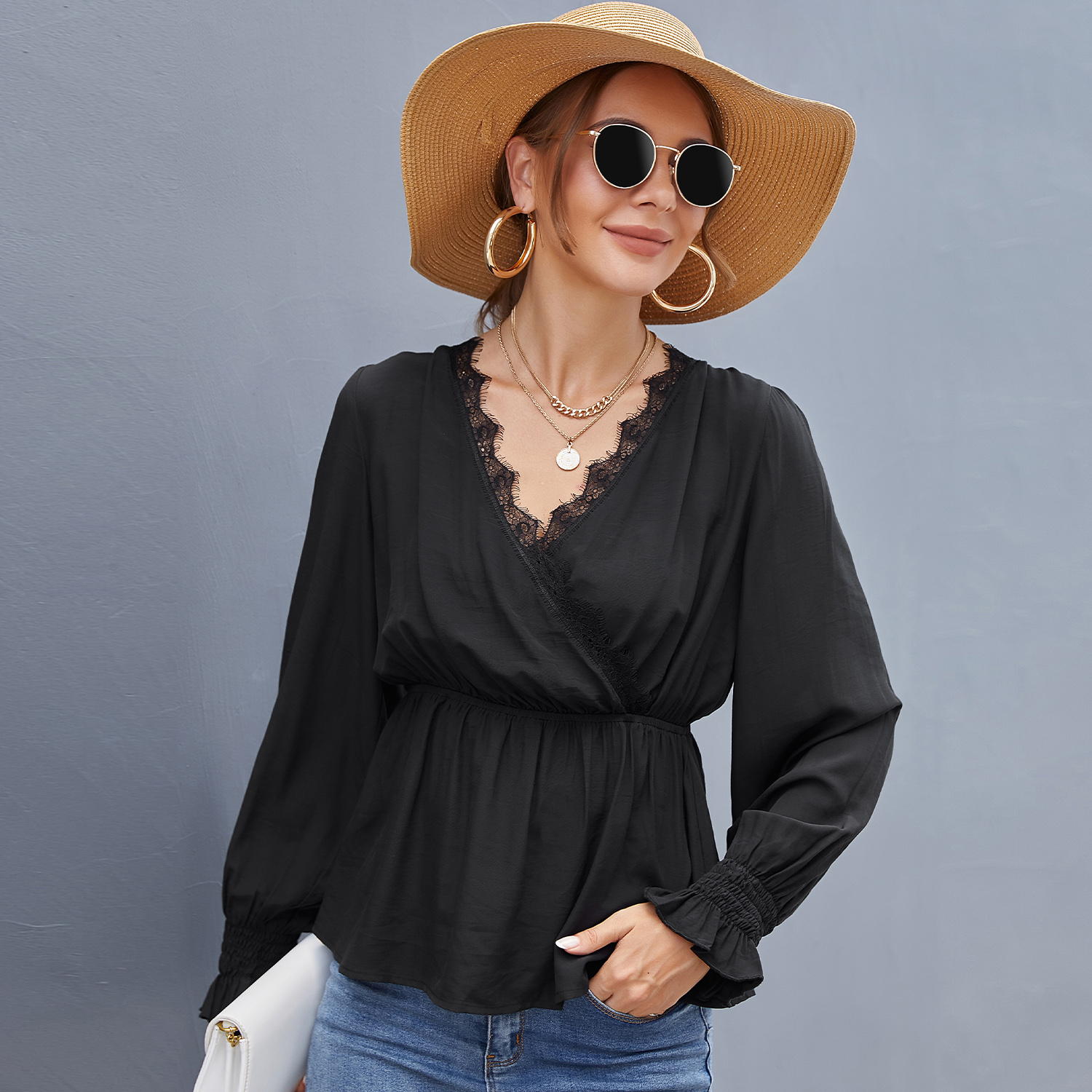

Mesh Lace Trim Collar Black V Neck Long-sleeve Top
