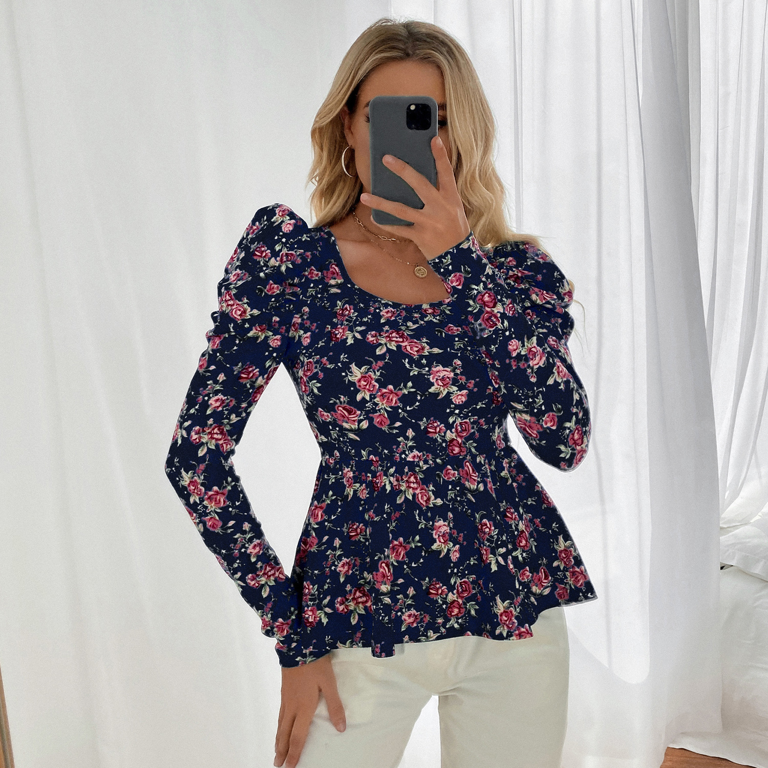 

Floral Print Puff Sleeve Long-sleeve Square Collar Top