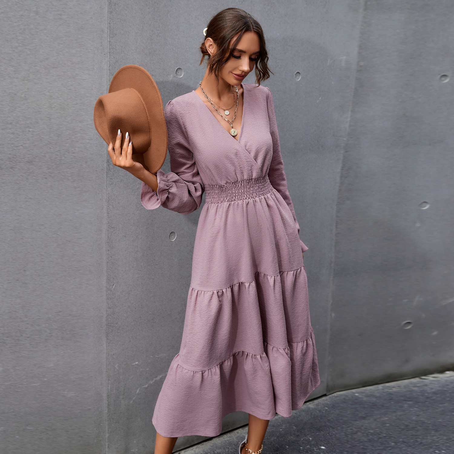 

Solid V-neck A Long-sleeve Midi Dress