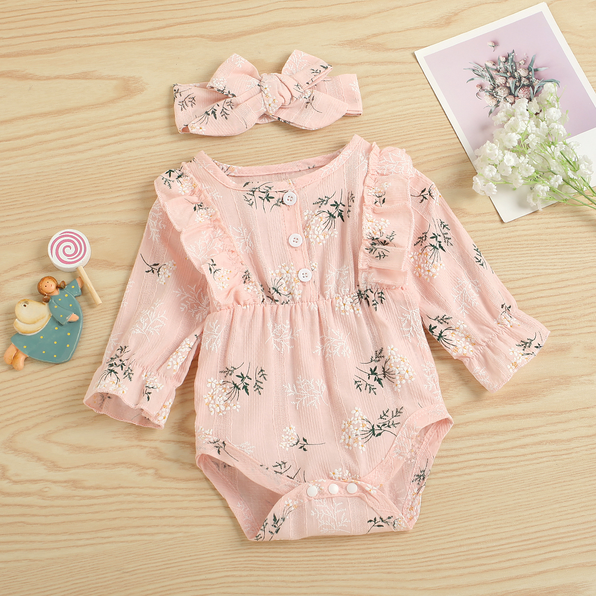 

100% Cotton 2pcs Leaves Print Pink Long-sleeve Baby Romper Set