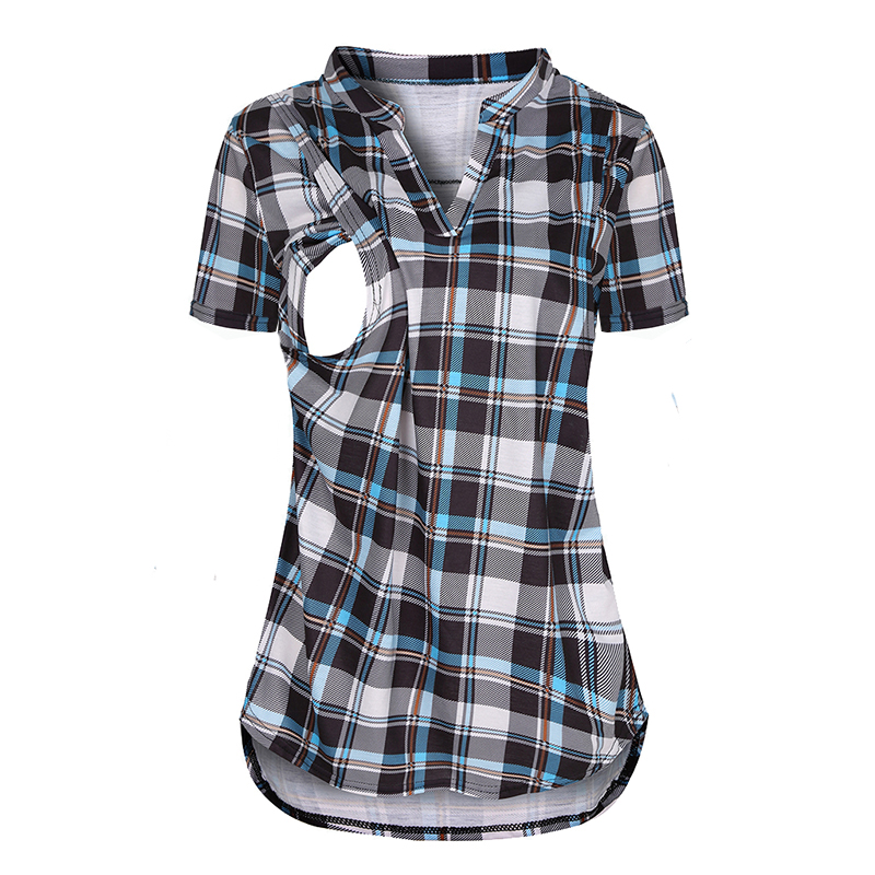 

Maternity Round collar Plaid Color block Short-sleeve Nursing Tee