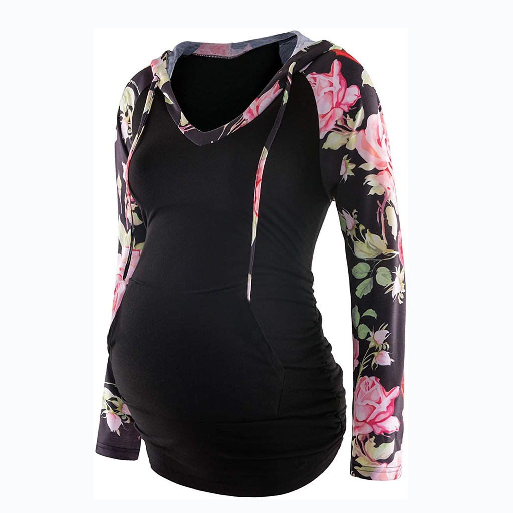 

Drawstring Floral Print Colorblock Long-sleeve Maternity Hoodie
