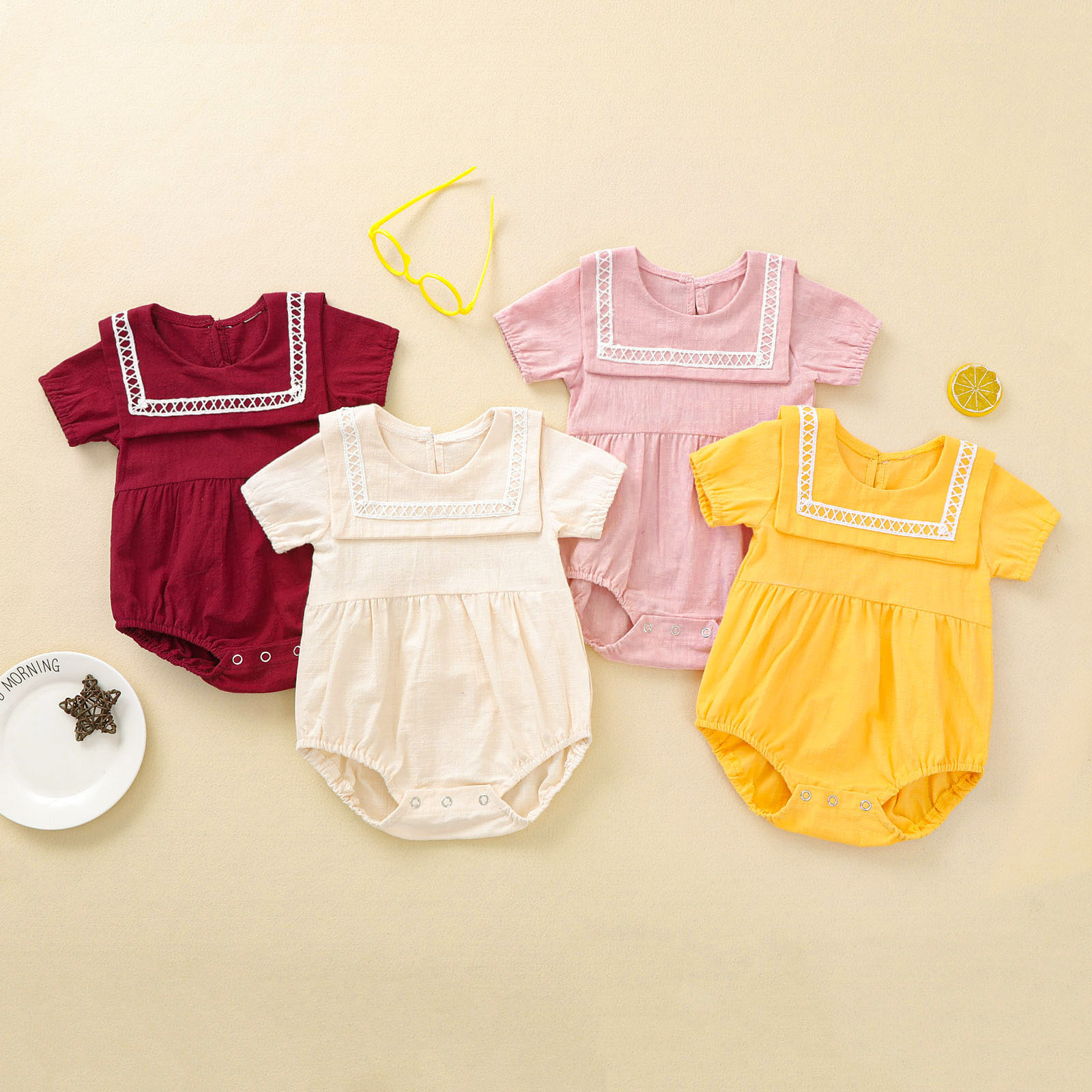 

100% Cotton Navy Collar Lace Short-sleeve Baby Romper