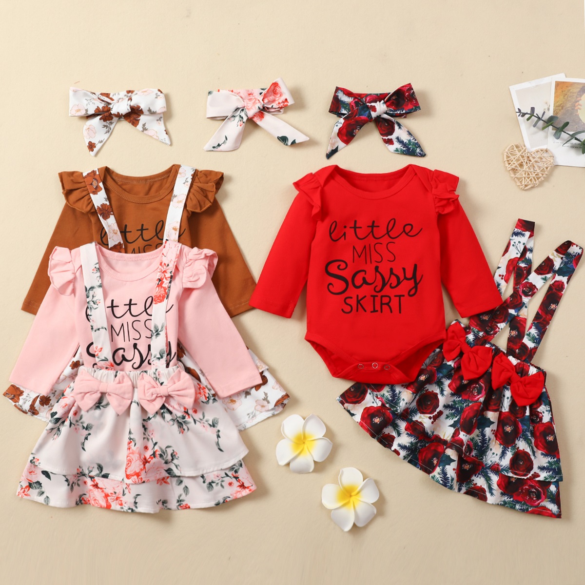 

Baby 3pcs Letter Print Long-sleeve Romper and Floral Print Suspender Skirt Set