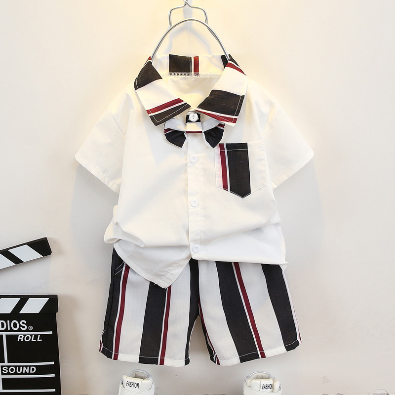 

2-piece Toddler Boy Stripe Short-sleeve Shirt with Bow tie & Pocket and Stripe Shorts Set