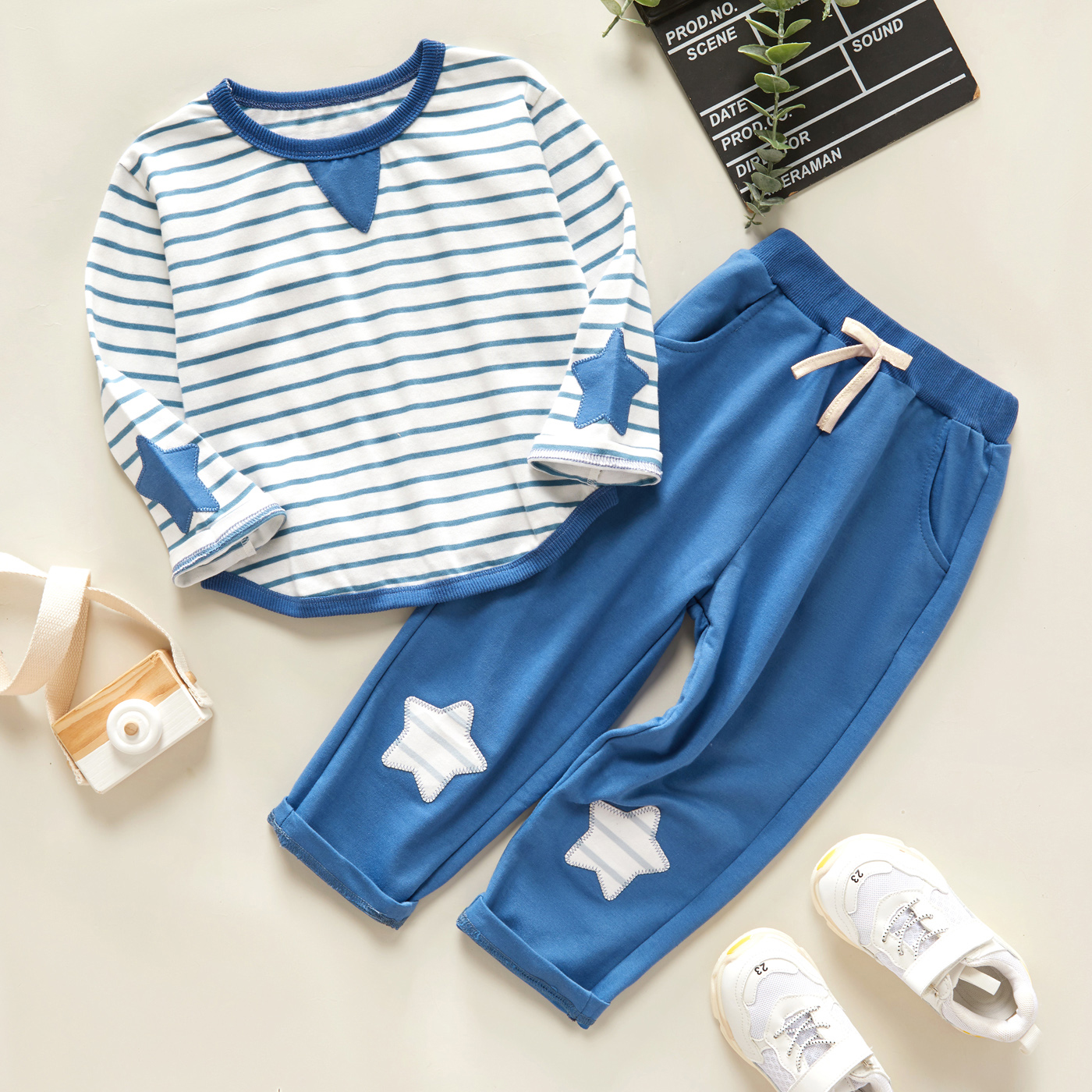 

2-piece Toddler Boy Stripe Stars Patchwork Long-sleeve Top and Denim Jeans Set