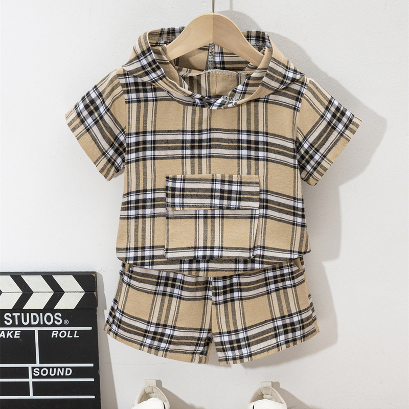 

2pcs Toddler Boy Casual Plaid Pocket Design Hooded Tee & Shorts Set