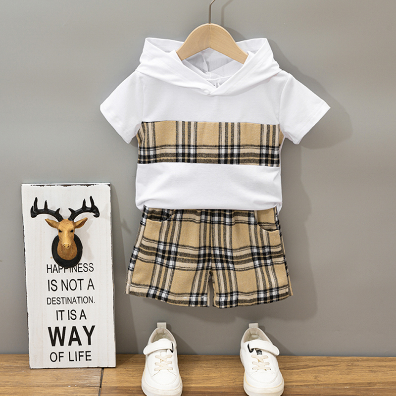 

2pcs Toddler Boy Casual Plaid Colorblock Hooded Tee and Shorts Set