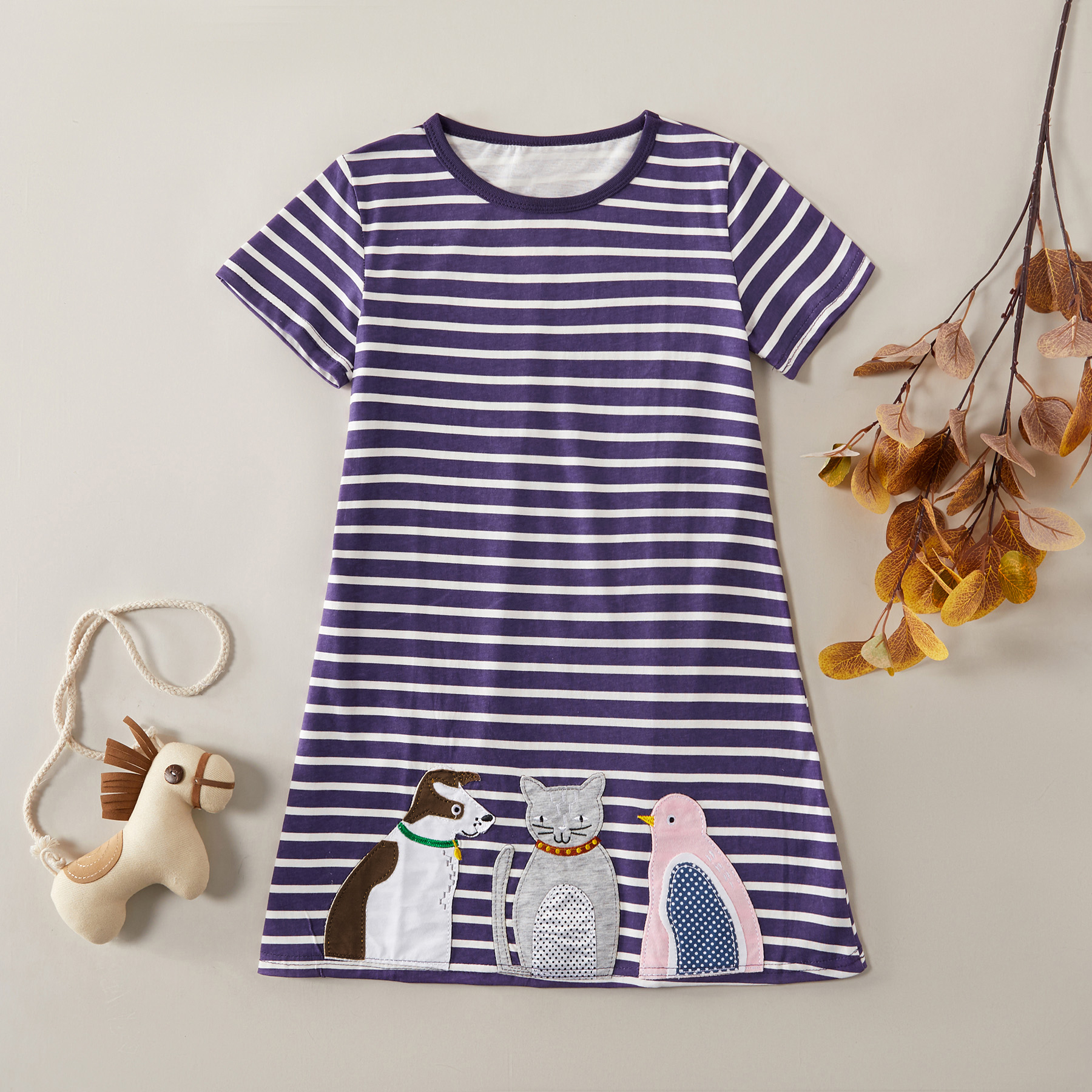 

Stylish Striped Cartoon Animal Cat Short-sleeve Dress