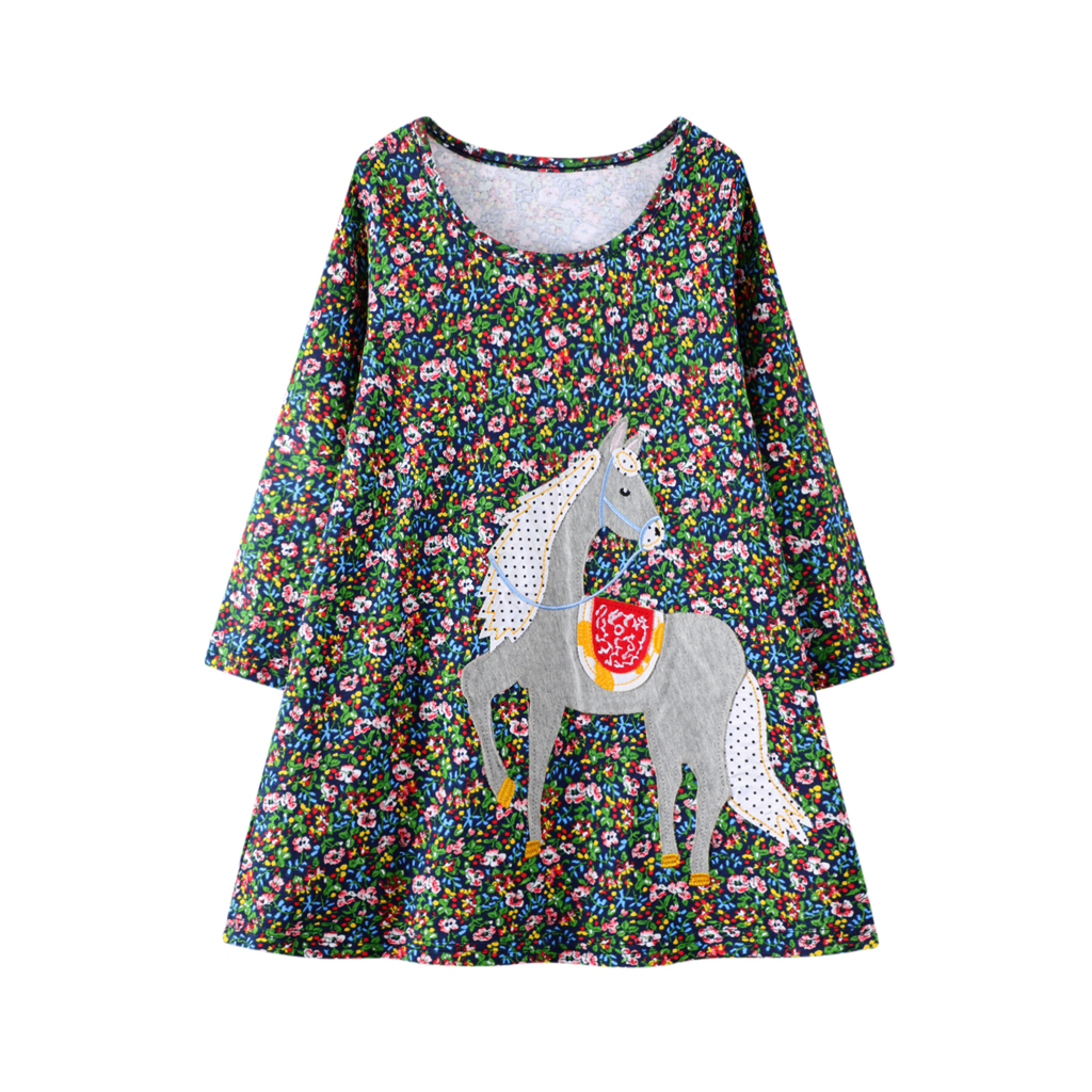 

Trendy Girls Horse Floral Print Longsleeves Dress