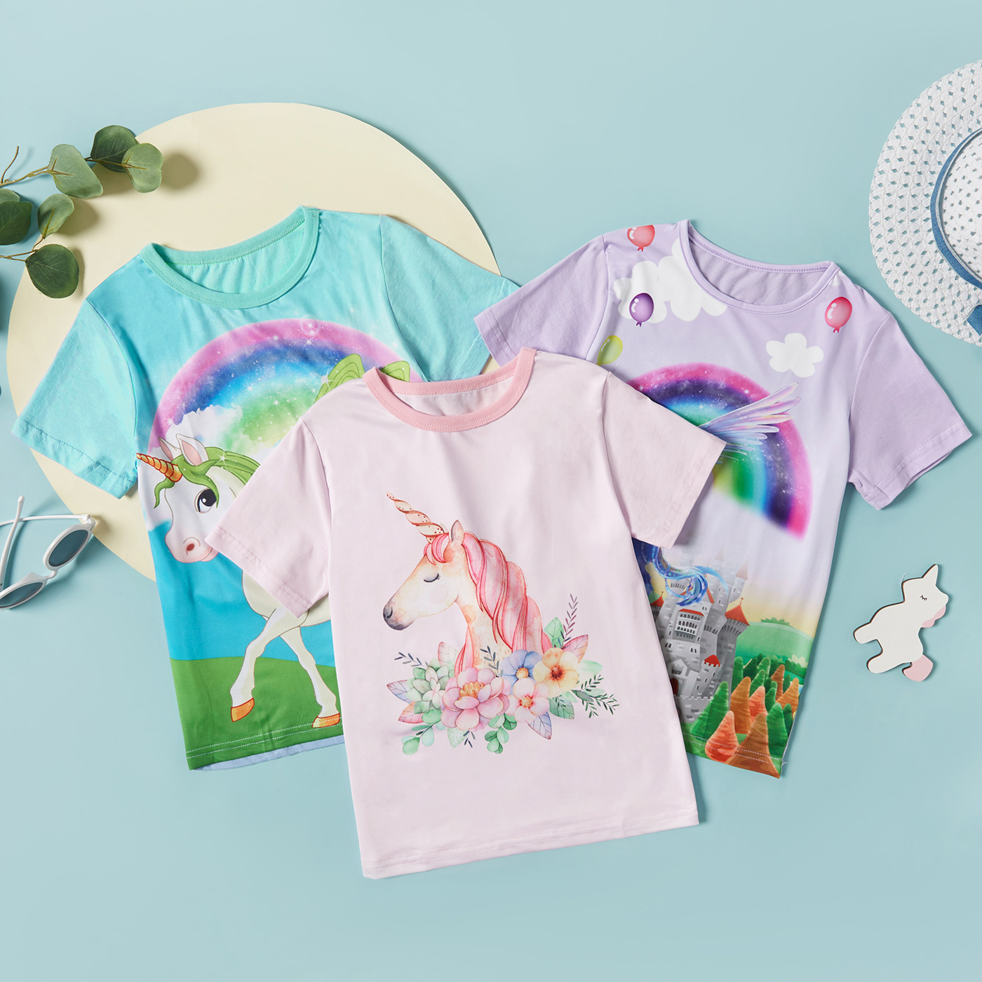 

Fashionable Kid Girl Floral Unicorn Rainbow Animal Print T-shirt