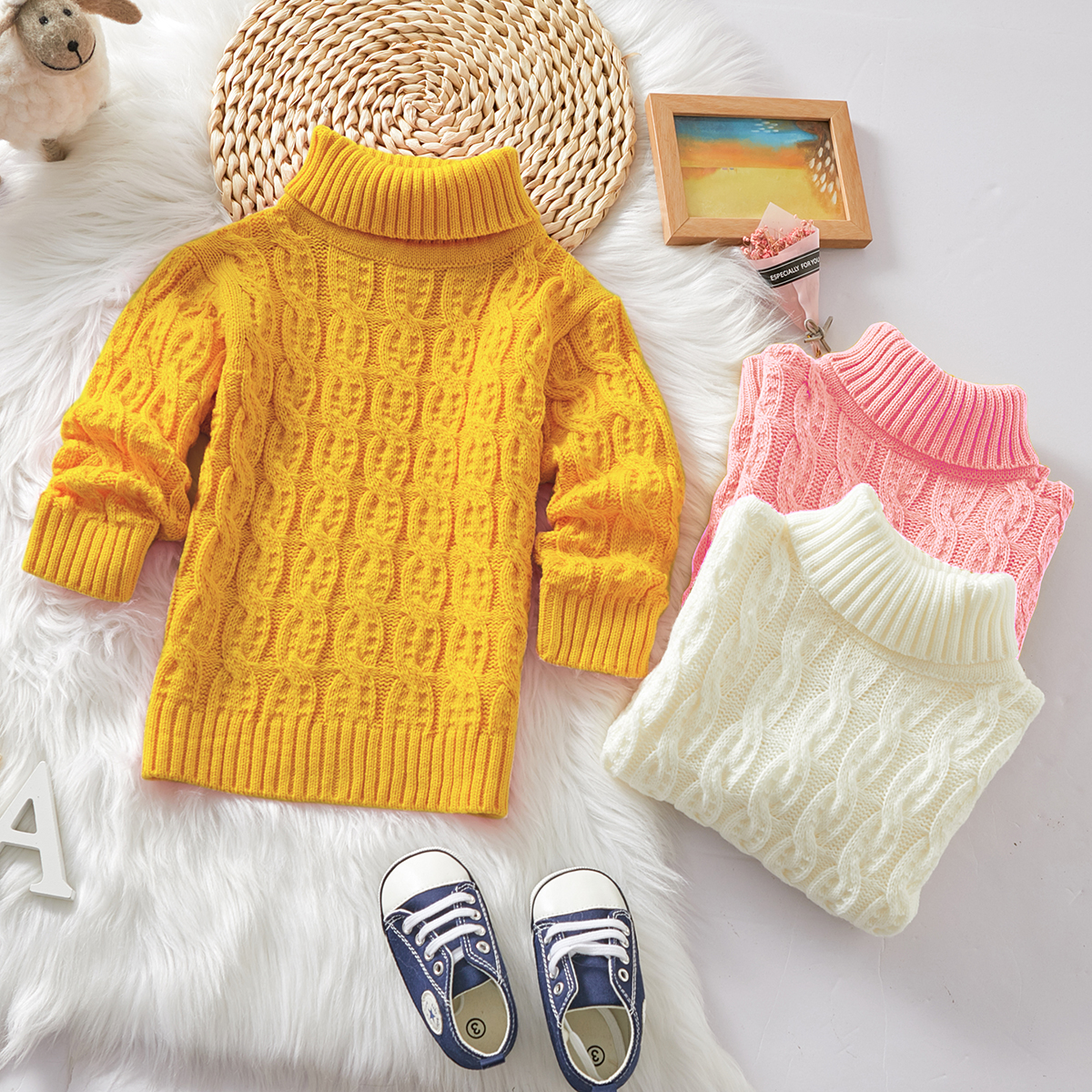 

Toddler Girl/Boy Turtleneck Solid Cable Knit Sweater