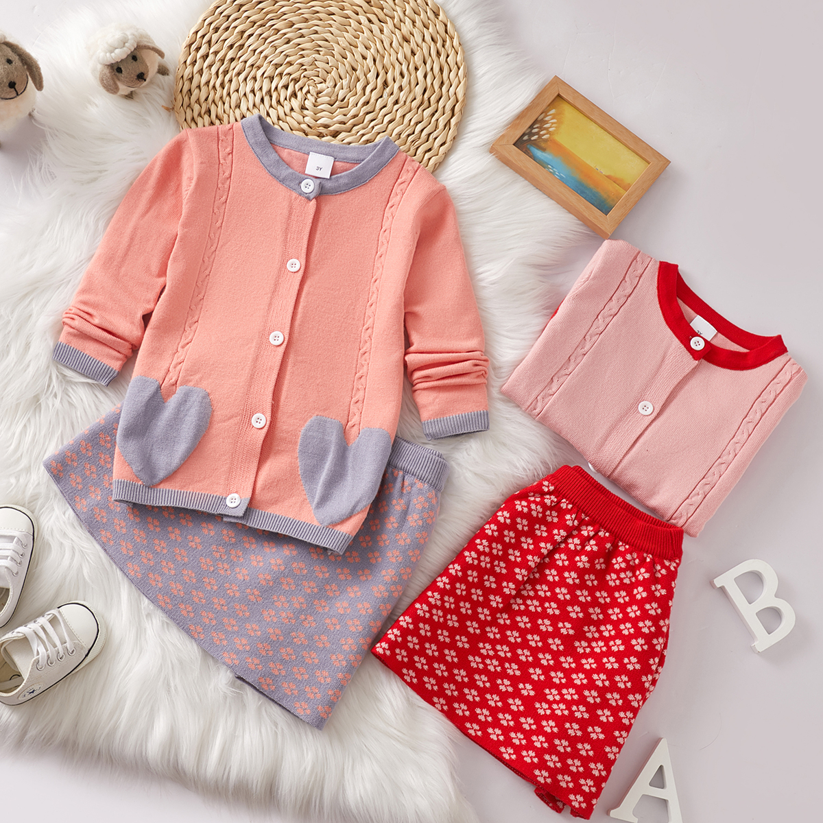 

2-piece Toddler Girl Heart Pattern Button Design Jacket and Floral Embroidered Skirt Set