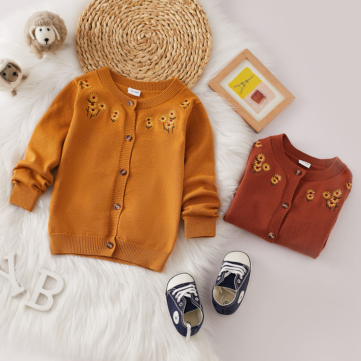 

Toddler Girl Floral Embroidered Button Design Knit Jacket
