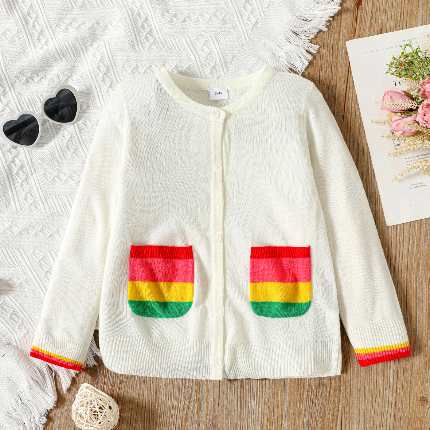 

Toddler Girl Striped Pocket Button Design Knit Sweater Cardigan