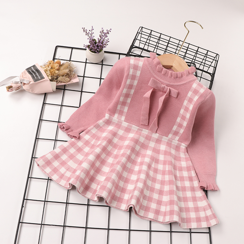 

Baby Girl Pink Knitted Long-sleeve Bow Front Spliced Plaid Dress