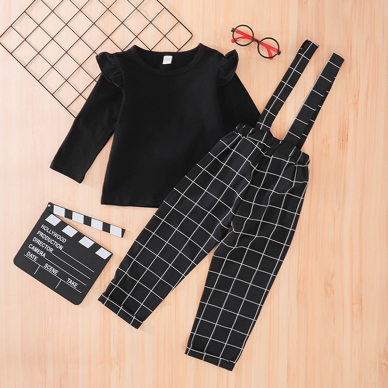 

2-piece Baby / Toddler Girl Solid Ruffled Top and Plaid Strap Pants Set