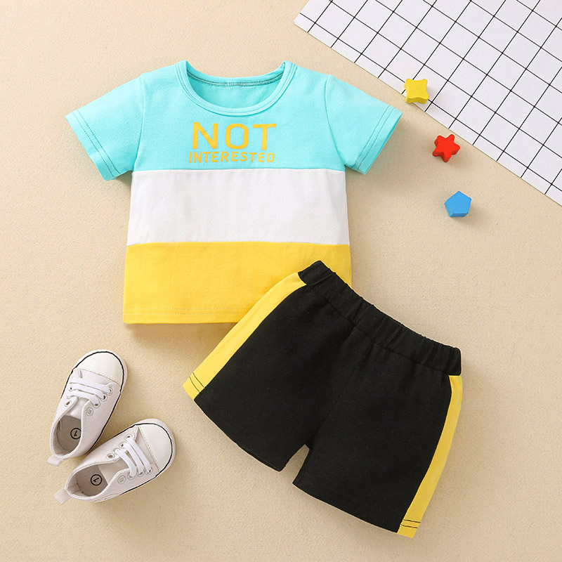 

2pcs Letter Print Color Block Splice Short-sleeve Baby Set