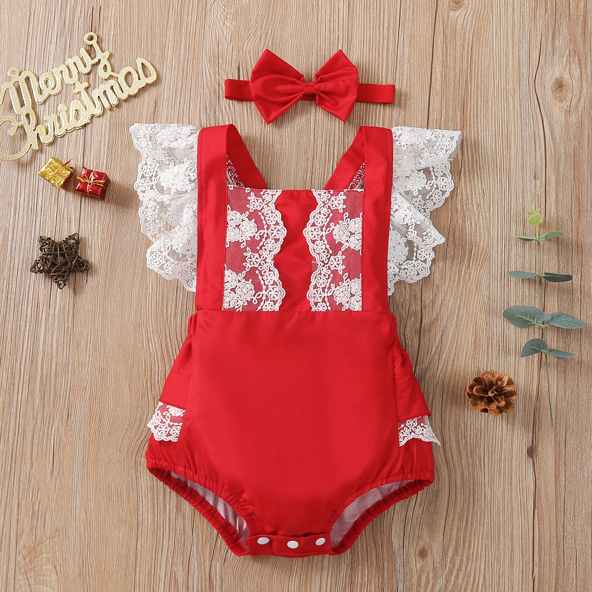 

2pcs Baby Christmas Lace Ruffle Splicing Sleeveless Red Romper Set