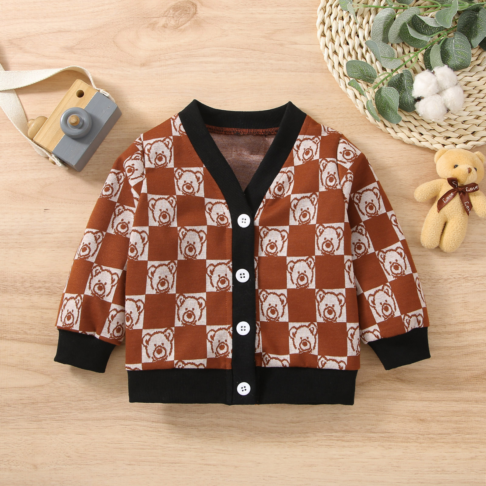 

Baby Boy Allover Cartoon Bear Print Coffee Button Up Long-sleeve Cardigan