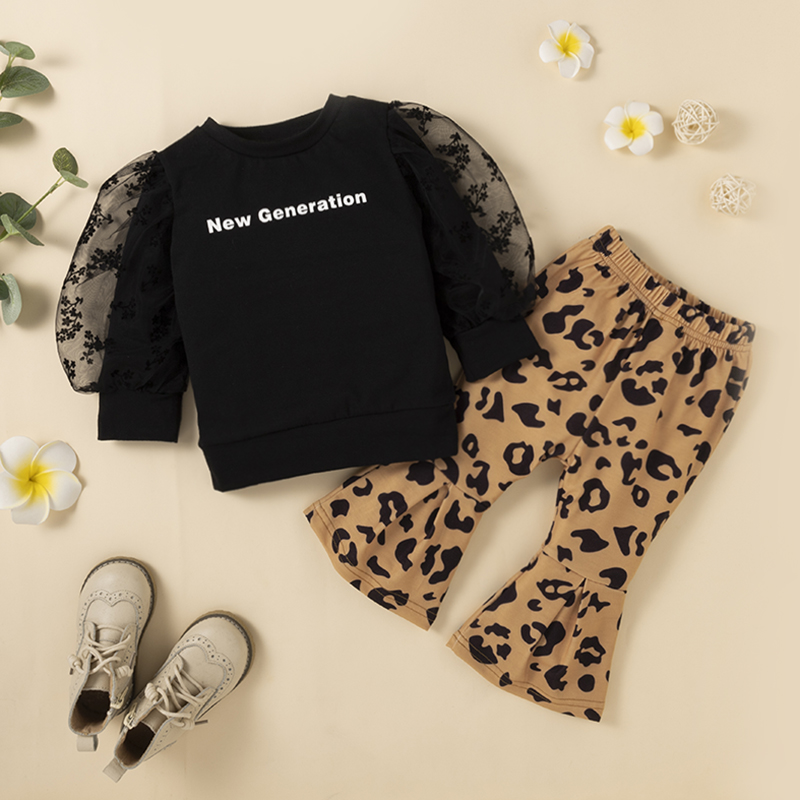 

2pcs Leopard and Letter Print Long-sleeve Black Baby Set