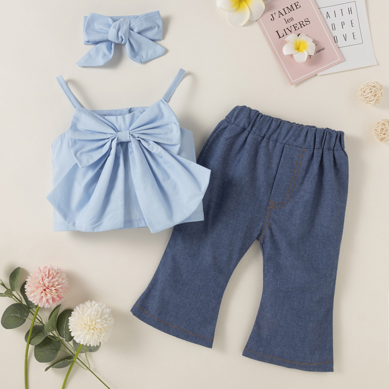 

3pcs Solid Sleeveless Blue Baby Set