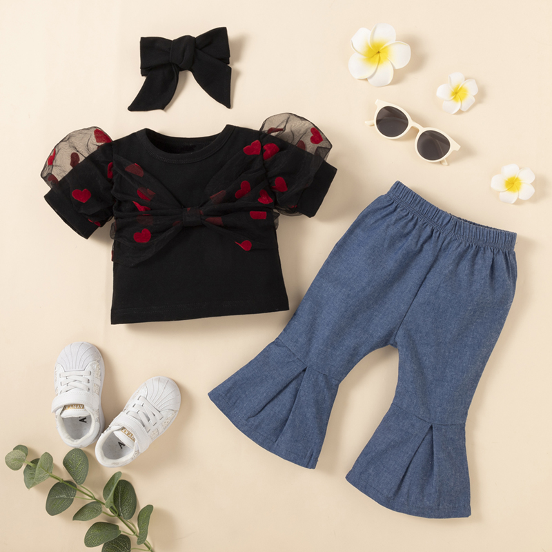

3pcs Heart Print Short-sleeve Black Baby Set