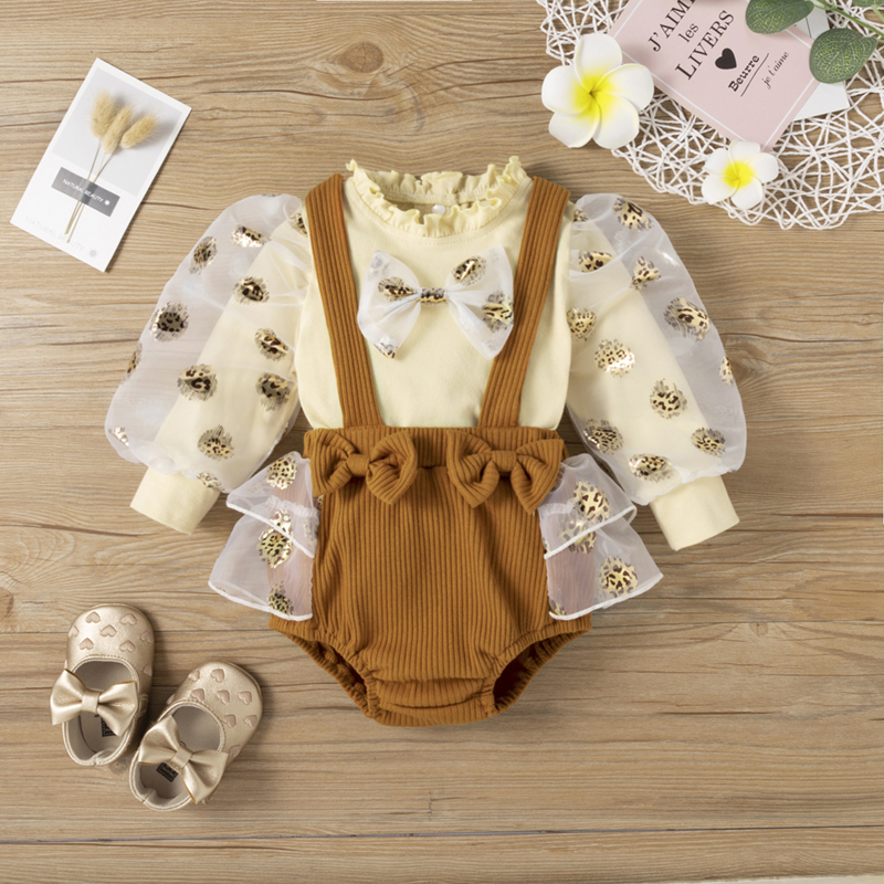 

Ribbed 2pcs Mesh Bow Ruffle Decor Long-sleeve Beige Baby Set